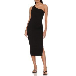 NWT Michael Stars Coco One Shoulder Ribbed Bodycon Midi Dress in Black Sz. MP